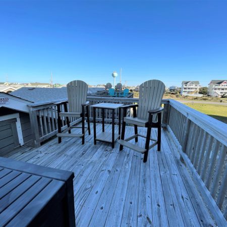 Wooden deck with two tall chairs, railing, and a clear view of houses and blue sky in the background.