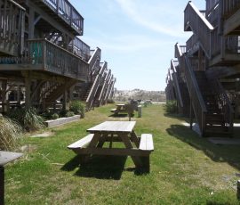 Wooden picnic tables on grass between two rows of raised wooden beach houses with staircases, under a clear sky.