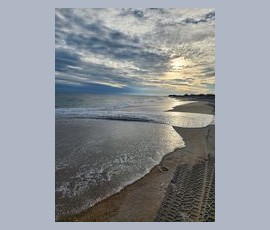 Cloudy sky over a calm ocean shoreline with wet sand and tire tracks in the foreground at sunset.