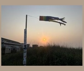 Rainbow windsock blowing on a pole at sunrise, with grass and buildings in the background under a hazy sky.