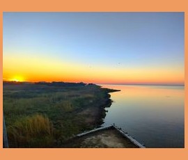 Sunrise over calm water with grassy shoreline and clear sky, viewed from a small dock or pier.