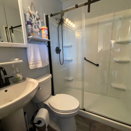 Small bathroom with glass shower, toilet, sink, black fixtures, and cleaning supplies on a shelf beside a mirror cabinet.