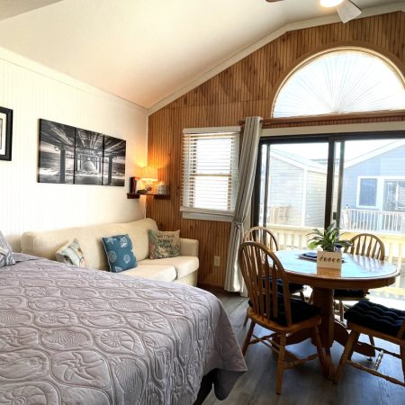 Cozy studio with a bed, sofa, dining table, and large windows letting in natural light; wood accents on one wall.