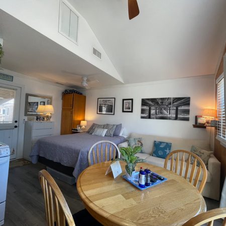 Small, cozy studio with a bed, sofa, dining table, kitchen area, and large windows letting in natural light.