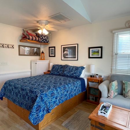 Bedroom with a blue-patterned bed, couch, wall art, and a ceiling fan, next to windows with blinds.