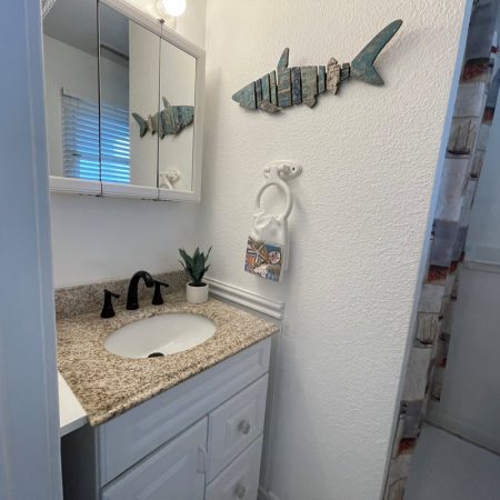 Small bathroom with a granite countertop, black faucet, wall-mounted mirror, and fish decoration above the sink.