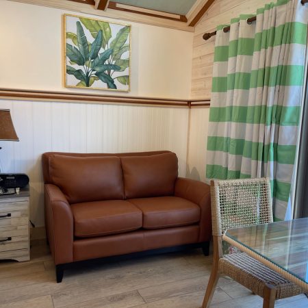 A small living area features a brown loveseat, side table with lamp, glass table, and green-striped curtains.