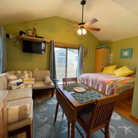 Small, cozy bedroom with a bed, sofa, dining table, TV, ceiling fan, and sliding doors leading to a deck.