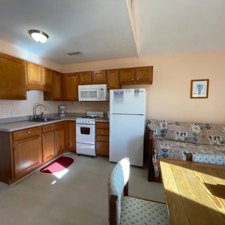 Small kitchen with wooden cabinets, white appliances, a patterned sofa, and a wooden dining table in sunlight.