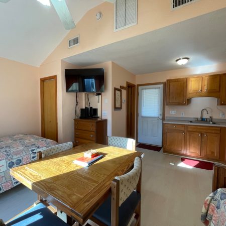 Small studio with a bed, dining table, kitchenette, TV, refrigerator, and wooden cabinets, lit by sunlight.