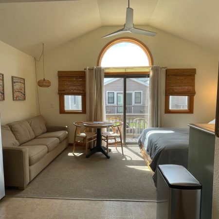 Sunlit studio with bed, sofa, dining table, fridge, and large windows facing a small balcony and neighboring house.