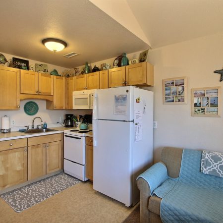 Small kitchen with light wood cabinets, white appliances, and a blue-patterned couch in a cozy, beach-themed room.
