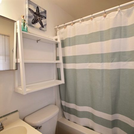 Small bathroom with a sink, toilet, wall shelf, striped shower curtain, and a starfish picture above the toilet.