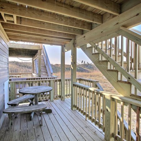 Covered wooden deck with round picnic table, benches, railing, and staircase overlooking grassy landscape.
