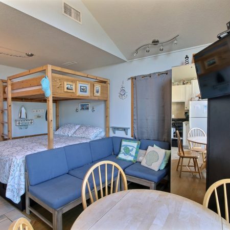 Small studio with a loft bed, blue sofa, dining table, kitchenette, and wall-mounted TV in a compact, cozy space.