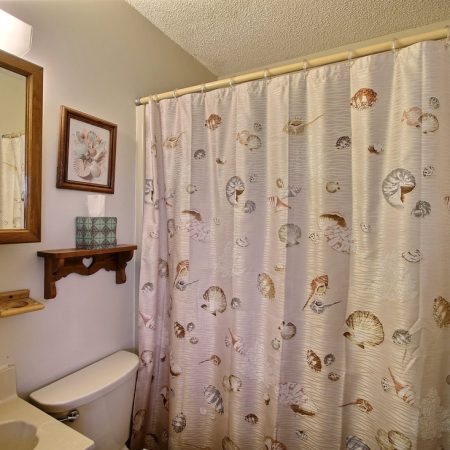 Bathroom with a seashell-patterned shower curtain, a small shelf, wall art, and a mirror above the sink.