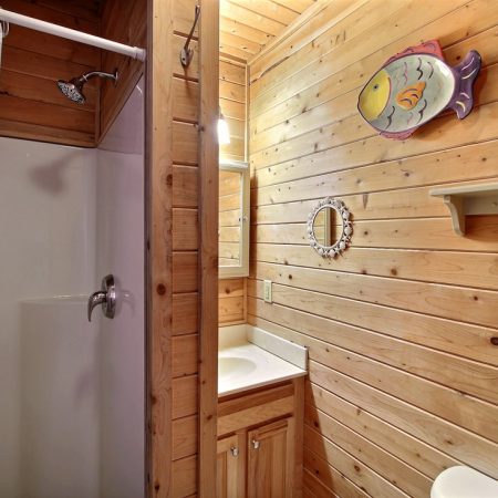 Small wooden bathroom with a shower, fish-themed decor, sink, mirror, and a wall shelf above the counter.
